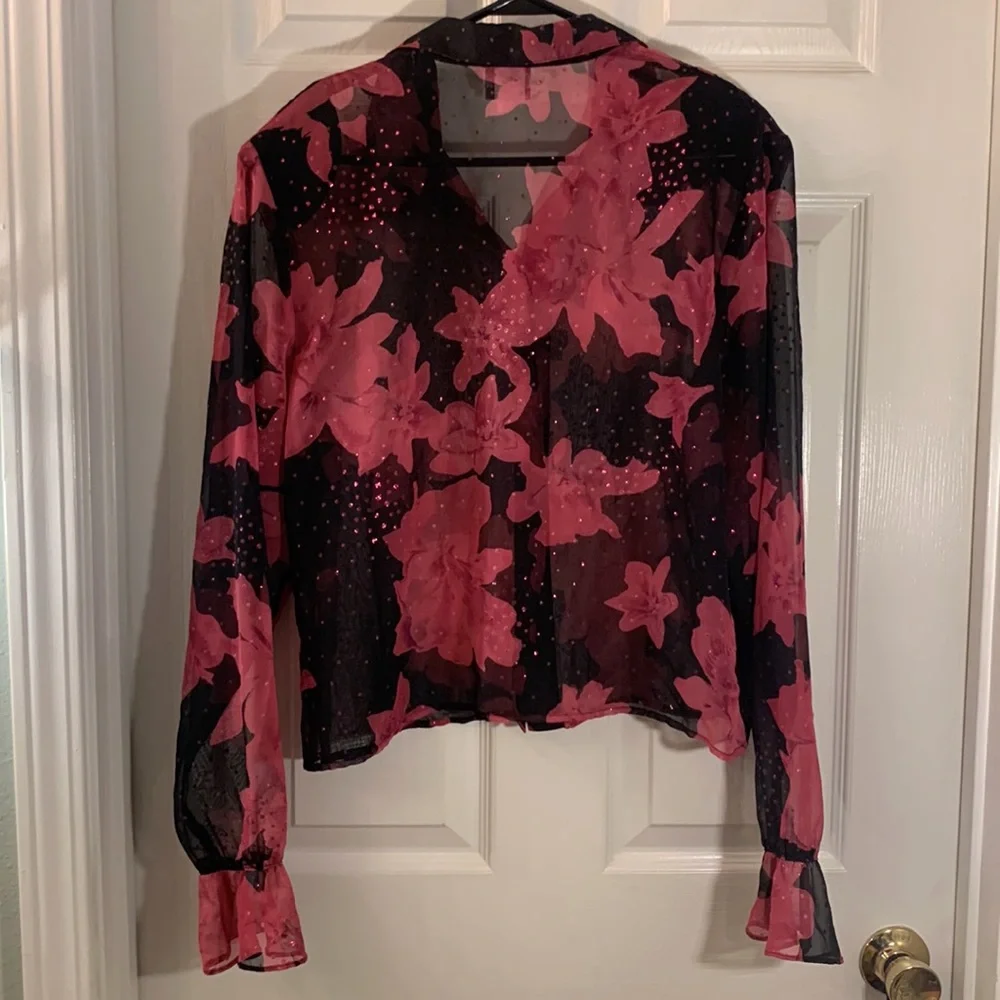 Vintage Black and Pink Floral Connie Choi Sheer Blouse - Picture 6 of 16